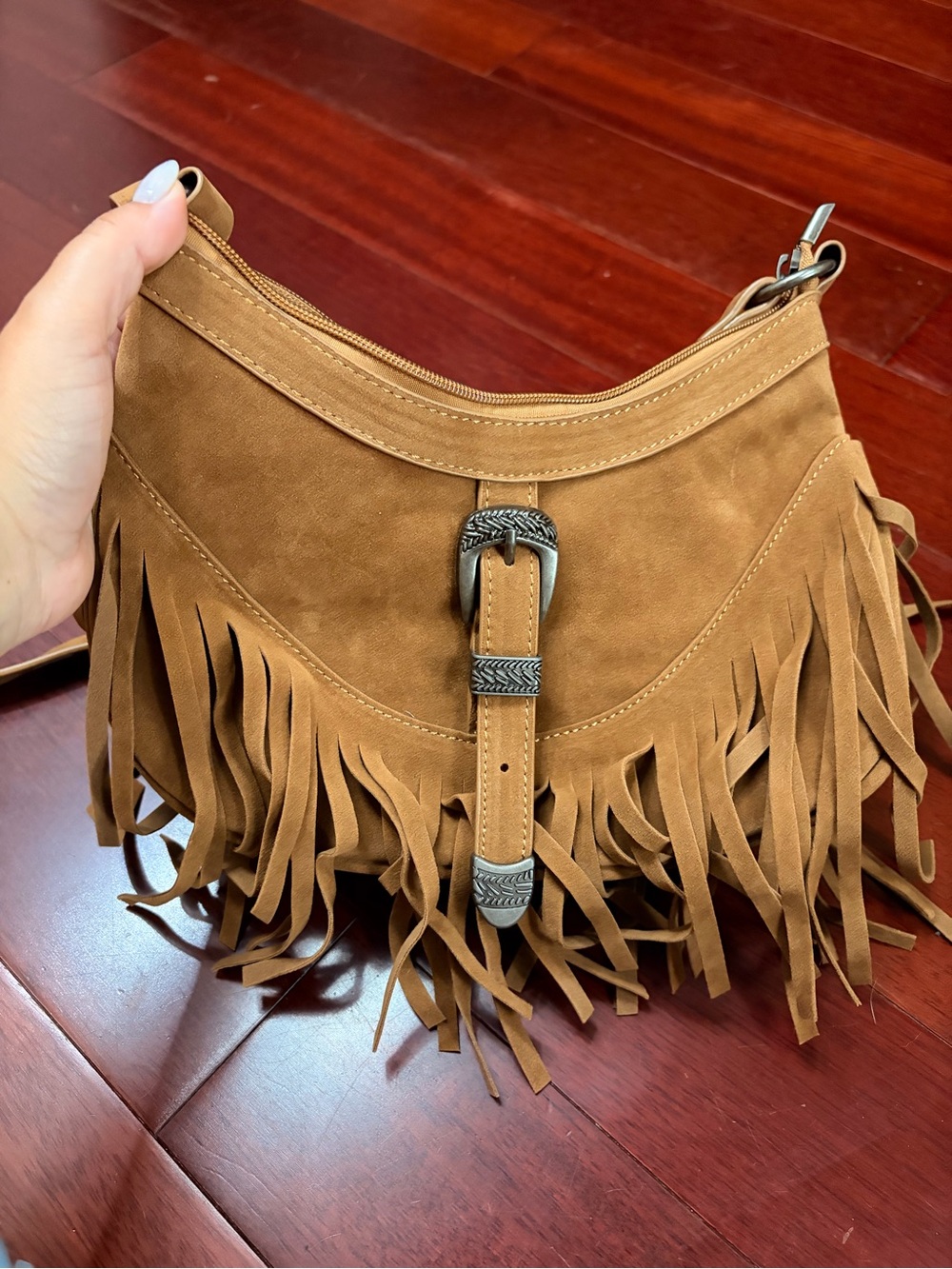 Fringe Suede Crossbody Bag in Tan